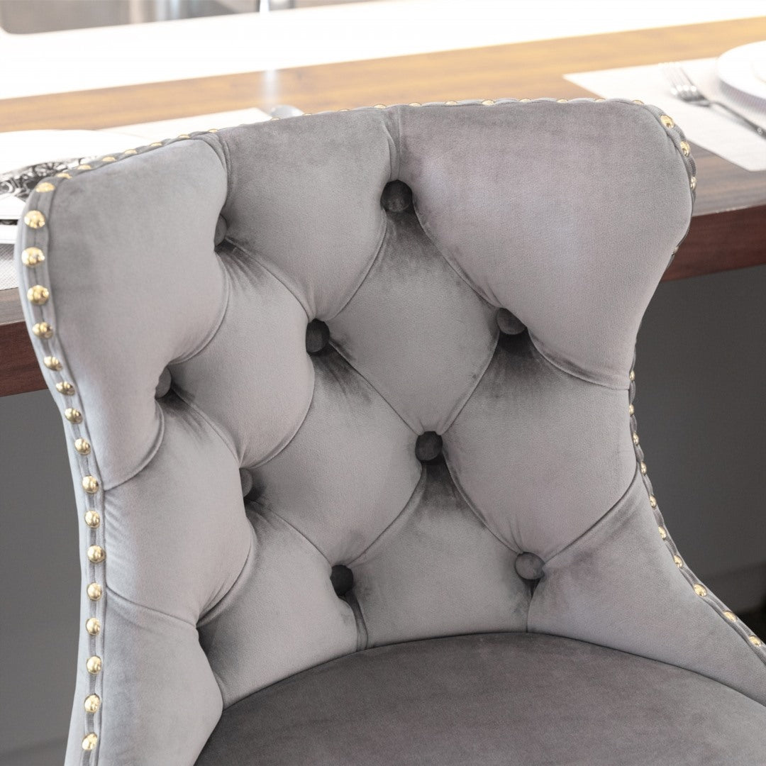 Braneit™ 2x Height Adjustable Swivel Bar Stool Velvet Studs Barstool with Footrest and Golden Base- Grey