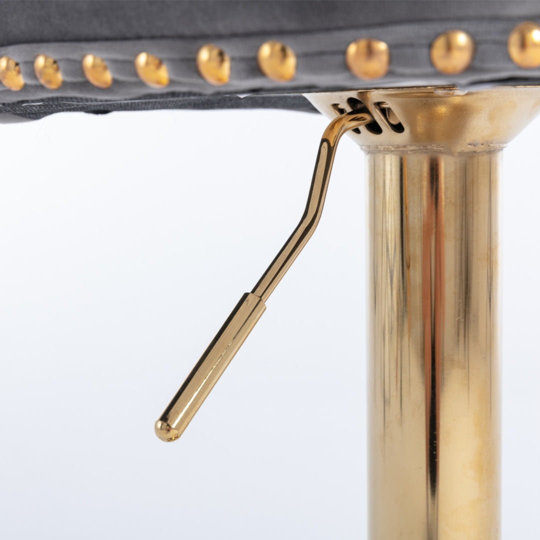 Braneit™ 2x Height Adjustable Swivel Bar Stool Velvet Studs Barstool with Footrest and Golden Base- Grey