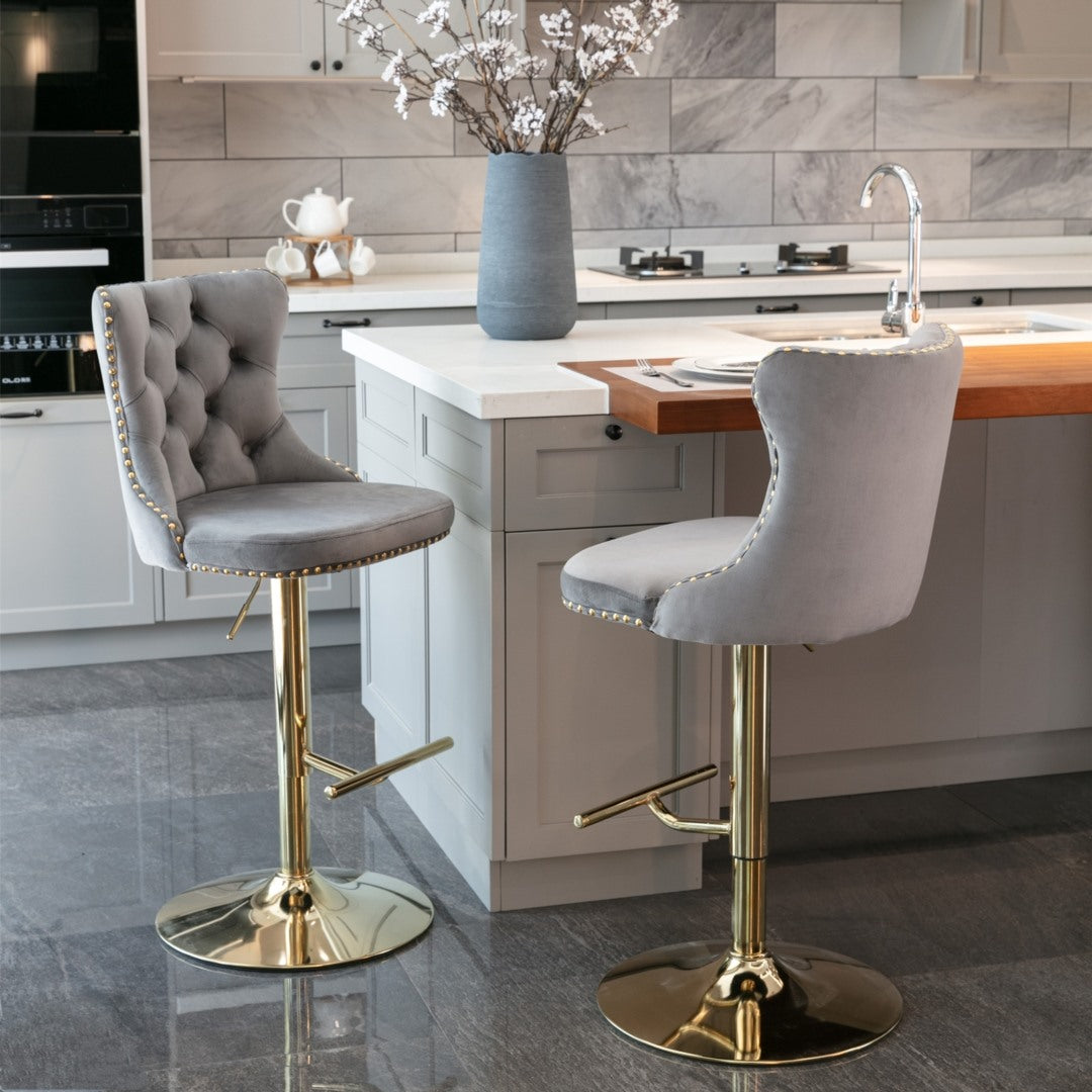 Braneit™ 2x Height Adjustable Swivel Bar Stool Velvet Studs Barstool with Footrest and Golden Base- Grey