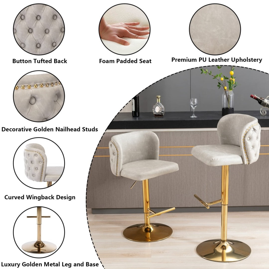 Braneit™ Set of 2 Beige Faux Leather Swivel Bar Stools – Golden Base & Modern Design