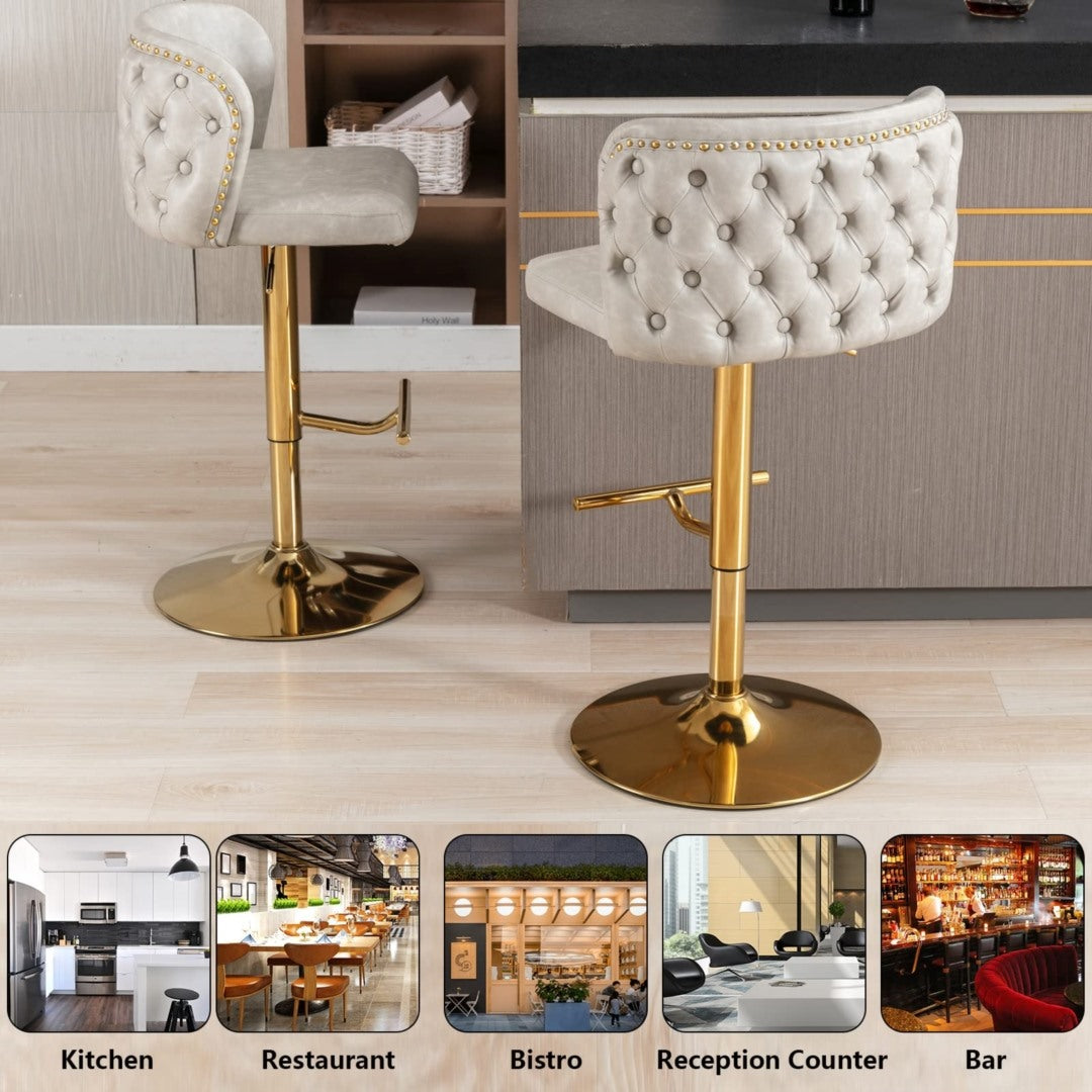 Braneit™ Set of 2 Beige Faux Leather Swivel Bar Stools – Golden Base & Modern Design