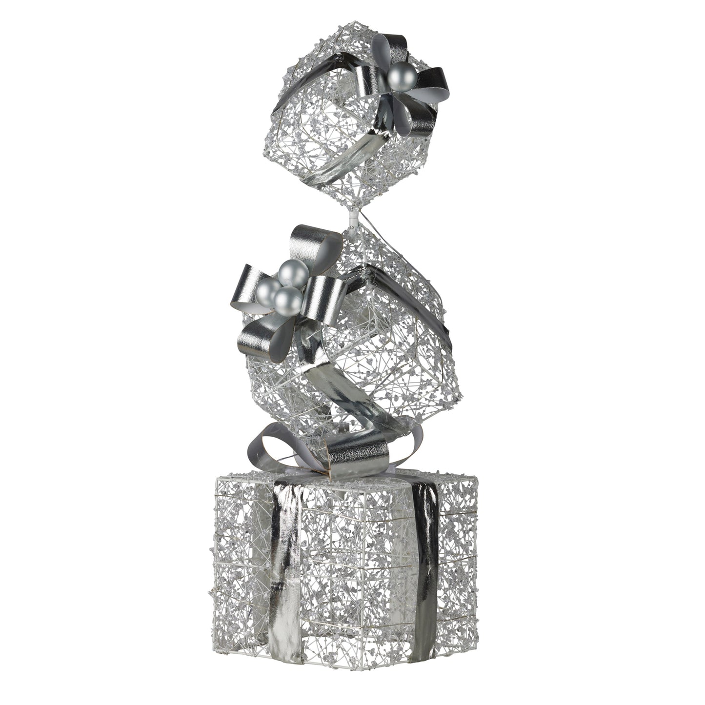 Christabelle 83cm Triple Christmas Silver Giftbox Stack Display with Lights