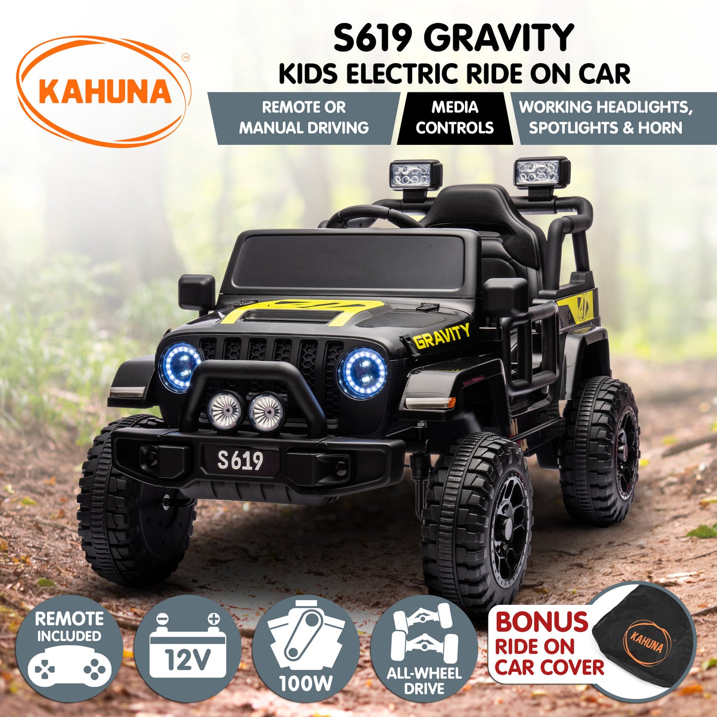 Kahuna S619 Gravity Kids Electric Ride-On Car – Black with Remote & 12V Battery