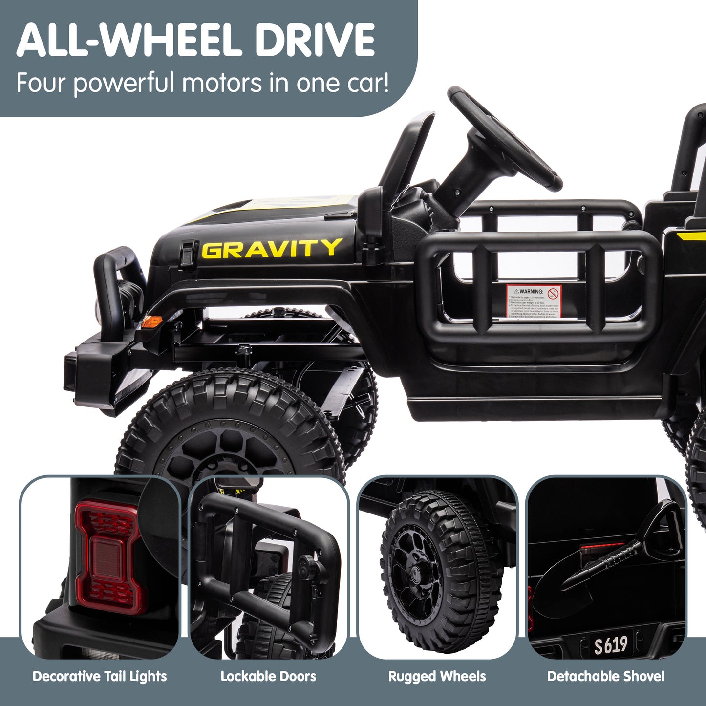 Kahuna S619 Gravity Kids Electric Ride-On Car – Black with Remote & 12V Battery