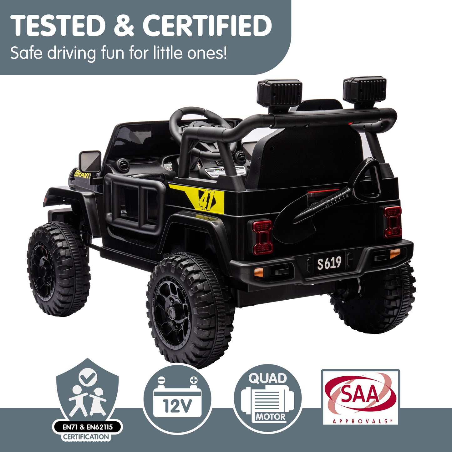Kahuna S619 Gravity Kids Electric Ride-On Car – Black with Remote & 12V Battery