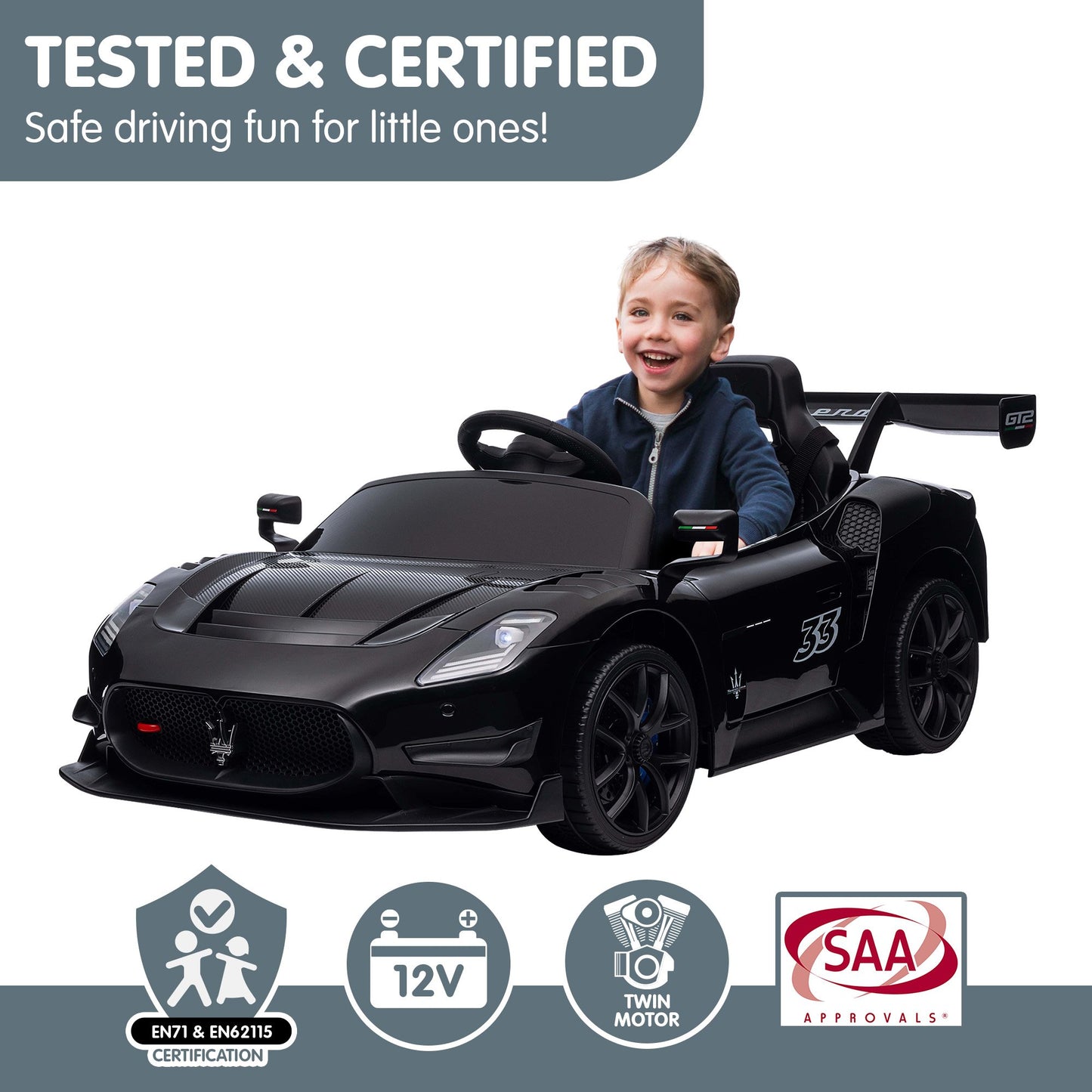 Kahuna Maserati MC20 GT2 Licensed Kids Electric Ride-On Race Car – Black 12V with Remote