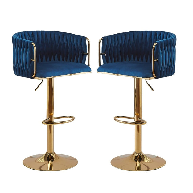 Braneit™ 2x Height Adjustable Blue Swivel Bar Stool Velvet Golden Round Base Barstools Chairs
