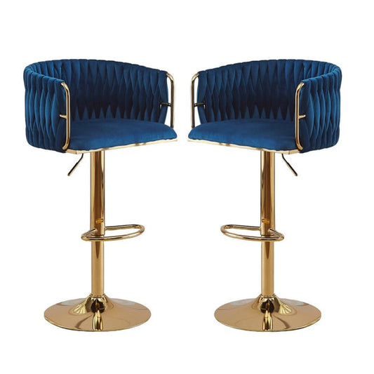 Braneit™ 2x Height Adjustable Blue Swivel Bar Stool Velvet Golden Round Base Barstools Chairs