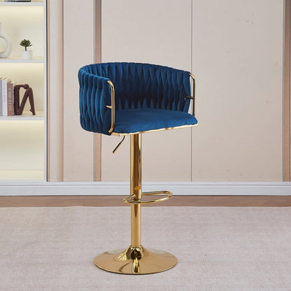 Braneit™ 2x Height Adjustable Blue Swivel Bar Stool Velvet Golden Round Base Barstools Chairs