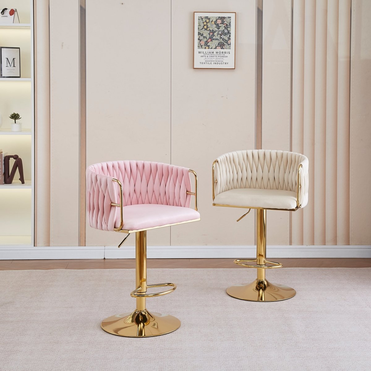 Braneit™ 2x Height Adjustable Blue Swivel Bar Stool Velvet Golden Round Base Barstools Chairs