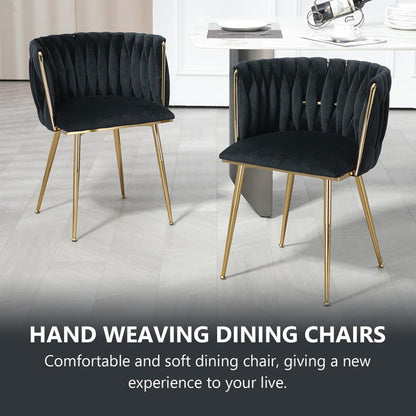 SERENITà Black Modern Hand Weaving Dining Chairs,Velvet Upholstered Side Chairs with Gold Legs, Chic Vanity Chairs with Armrest, Accent Chair for Dining Room, and Cafe Set of 2