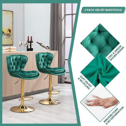 SERENITà Swivel Bar Stools Set of 2 Counter Height Barstools with Back Velvet Upholstered Adjustable Stool Chair Min Century Modern Bar Stool for Kitchen Island (Emerald Green)