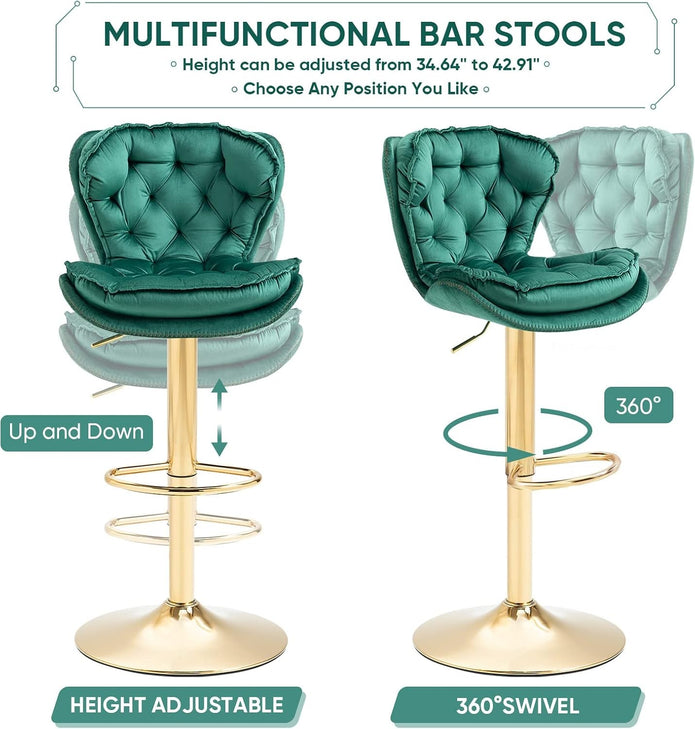 SERENITà Swivel Bar Stools Set of 2 Counter Height Barstools with Back Velvet Upholstered Adjustable Stool Chair Min Century Modern Bar Stool for Kitchen Island (Emerald Green)