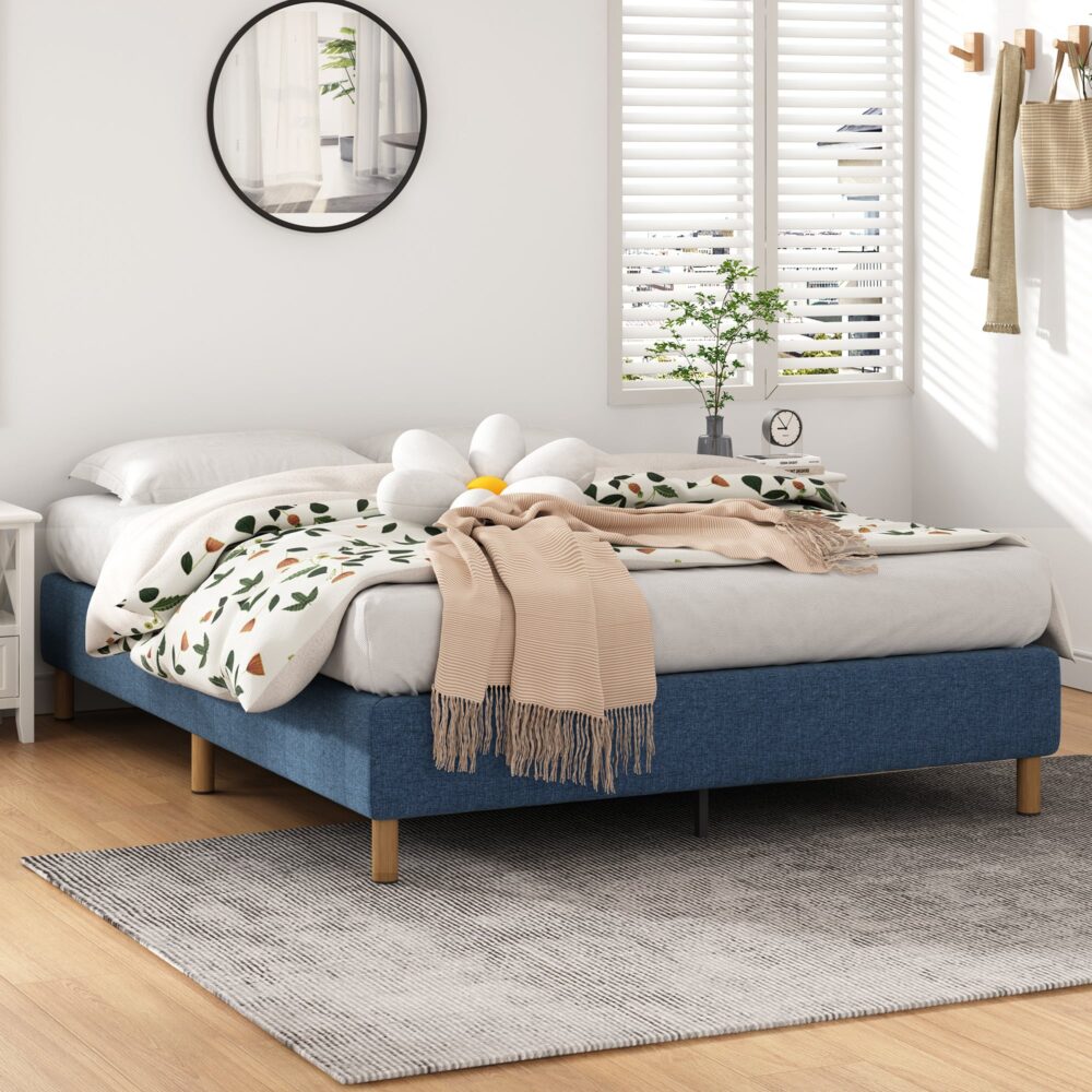 Queen Size Metal Bed Frame – Blue Mattress Foundation with Sturdy Steel Base