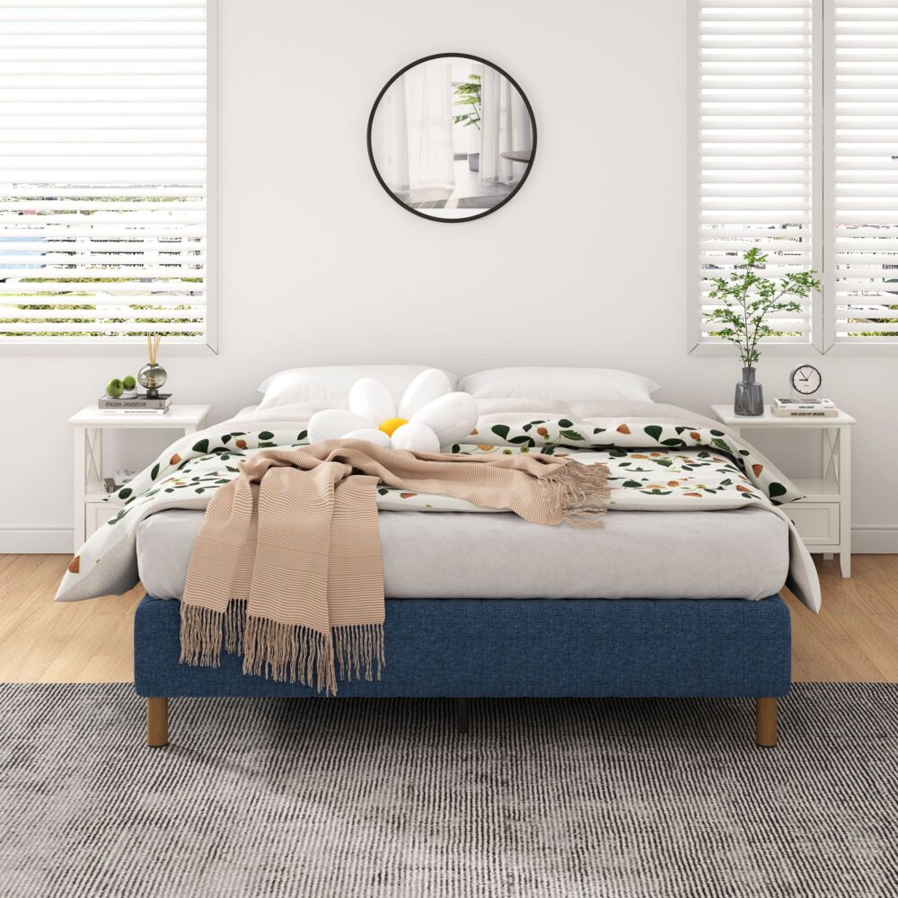 Queen Size Metal Bed Frame – Blue Mattress Foundation with Sturdy Steel Base