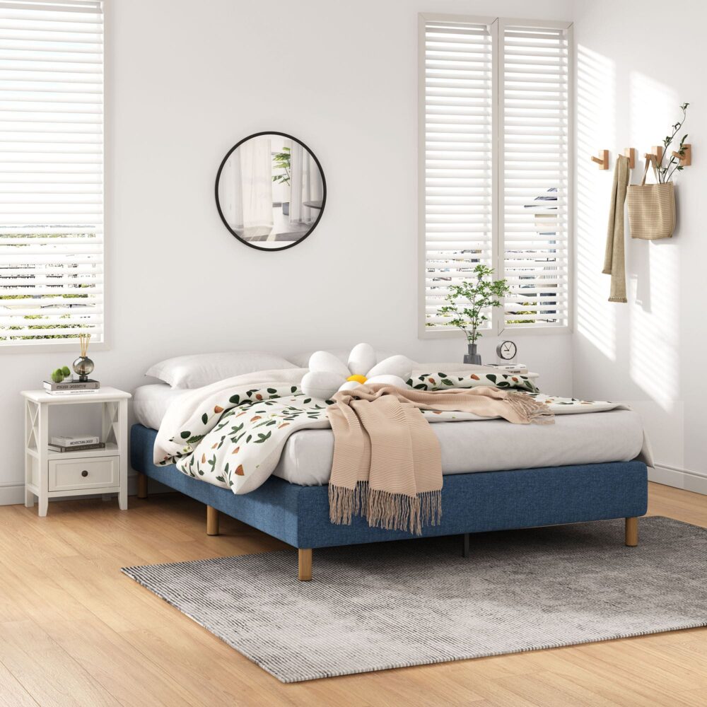 Queen Size Metal Bed Frame – Blue Mattress Foundation with Sturdy Steel Base