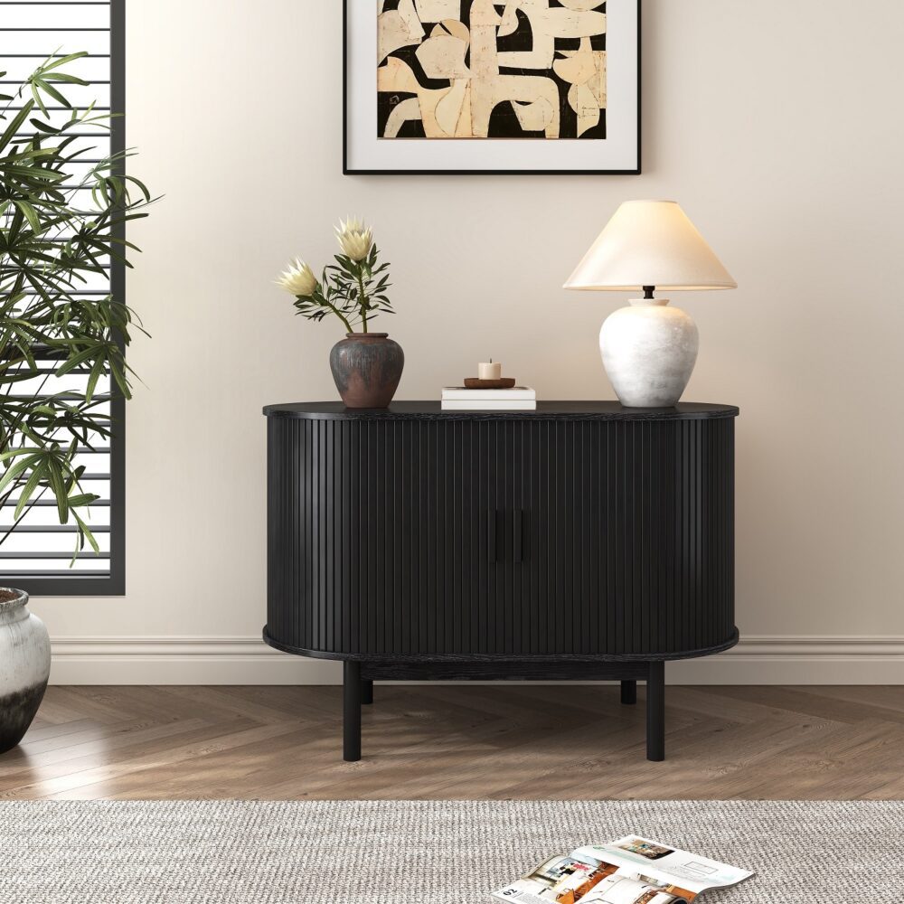 Prestigious Homeware™ Mid-Century Black Ribbed Sideboard Cabinet
