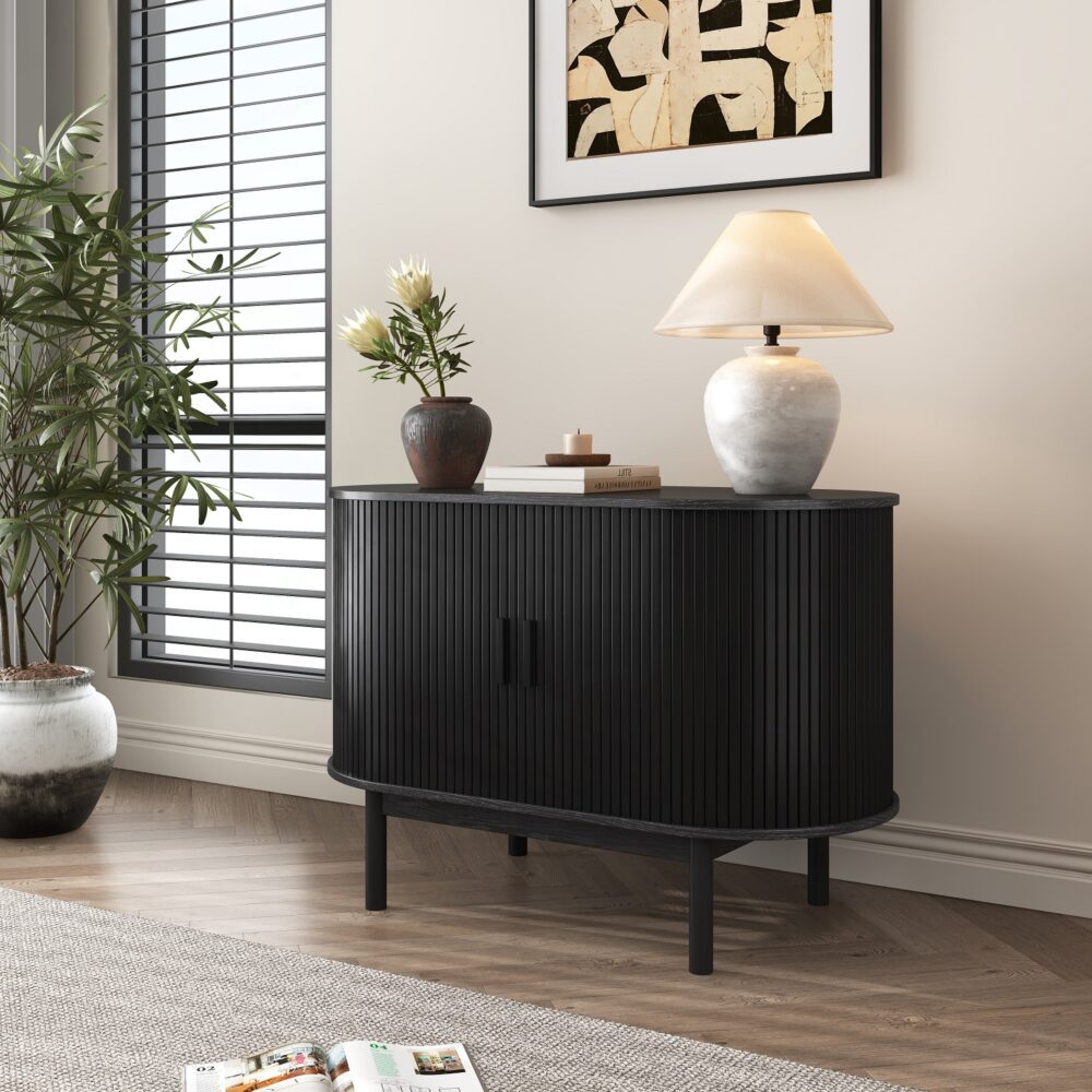 Prestigious Homeware™ Mid-Century Black Ribbed Sideboard Cabinet