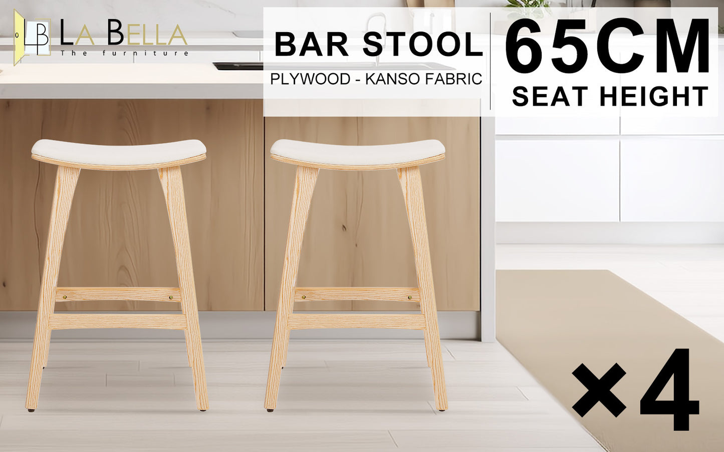 Braneit™ Set of 4 KANSO 65cm Wooden Bar Stools – Beige Padded Fabric Dining Chairs