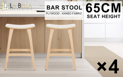 Braneit™ Set of 4 KANSO 65cm Wooden Bar Stools – Beige Padded Fabric Dining Chairs