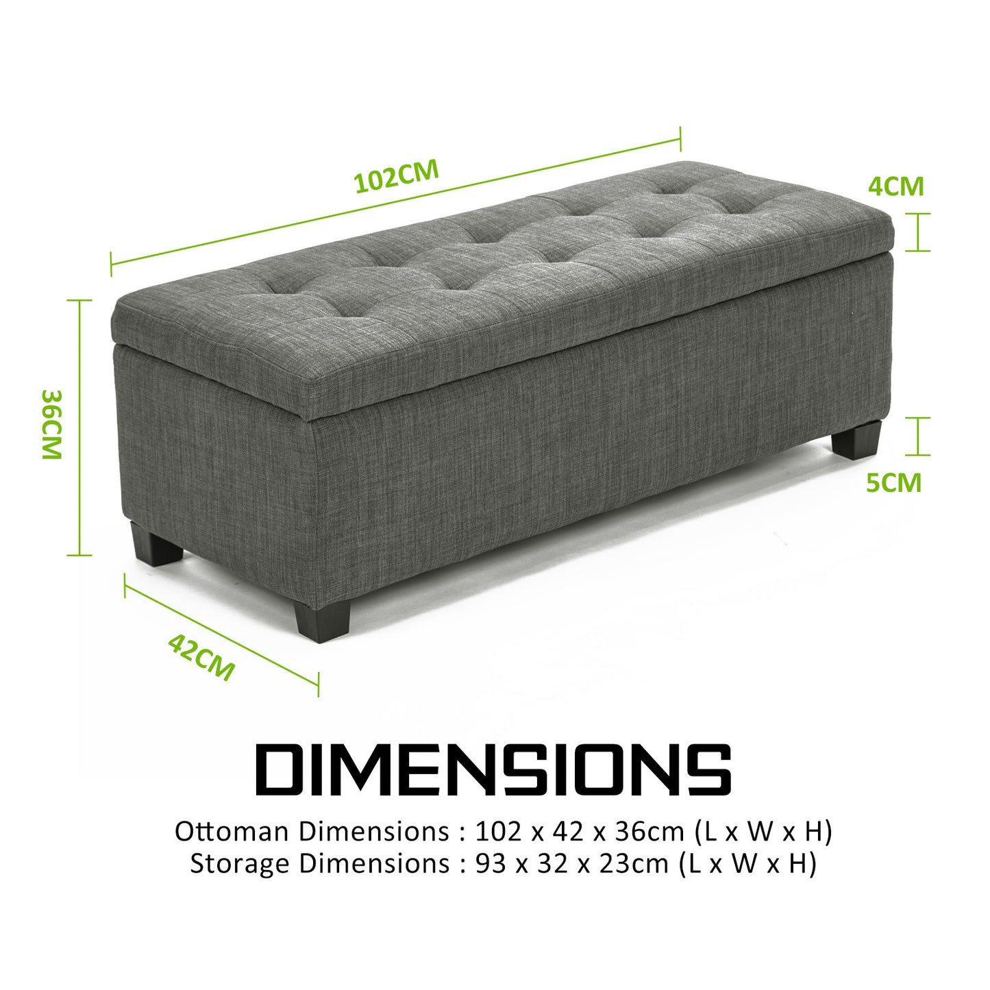 Braneit™ 102cm Storage Ottoman Stool – Dark Grey Fabric Bench with Hidden Compartment