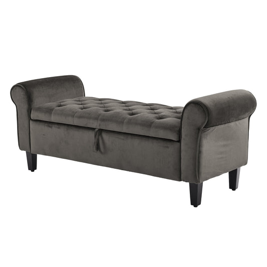 132cm Velvet Storage Ottoman Bench – Grey Upholstered Arm Stool with Hidden Compartment
