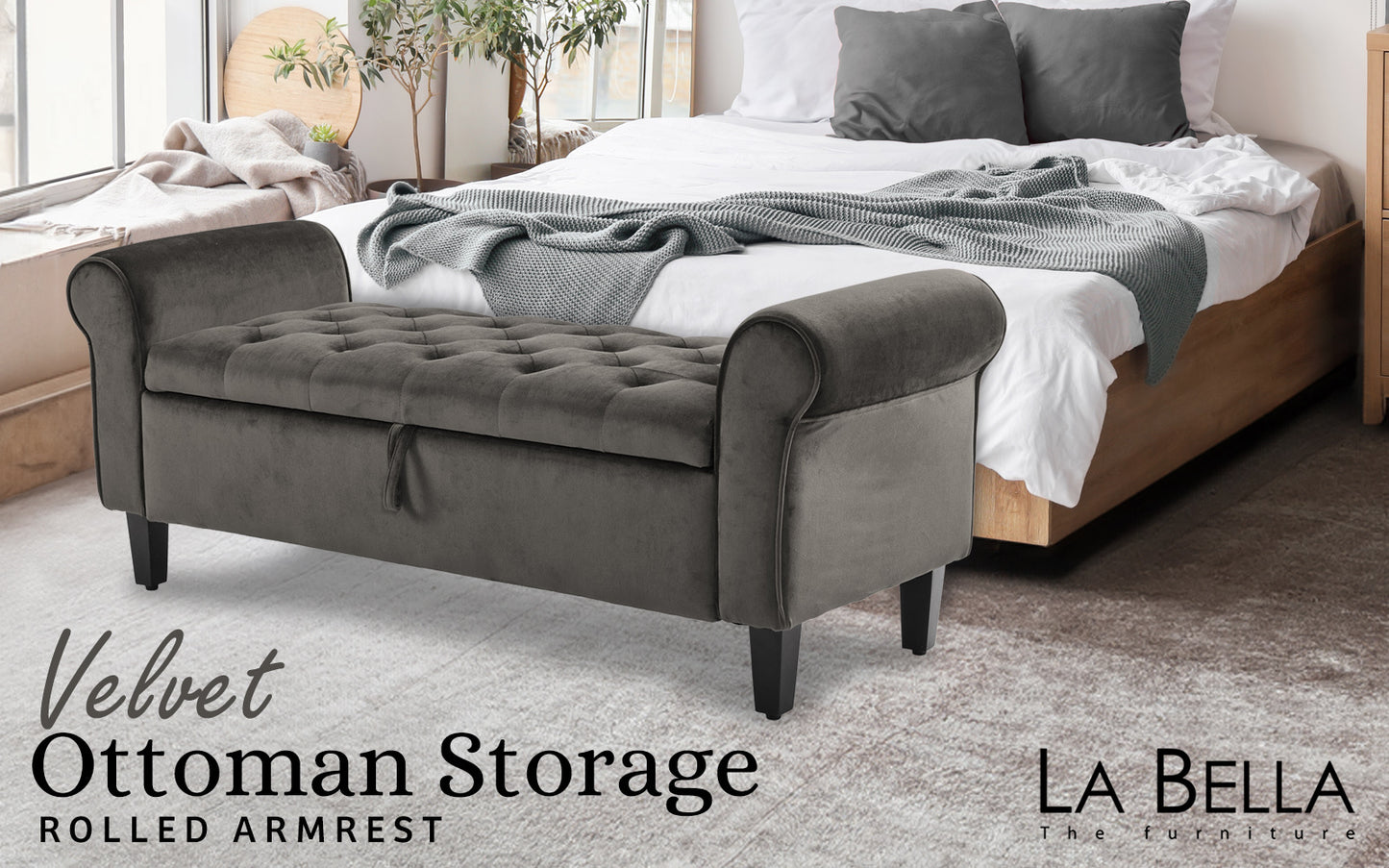 132cm Velvet Storage Ottoman Bench – Grey Upholstered Arm Stool with Hidden Compartment
