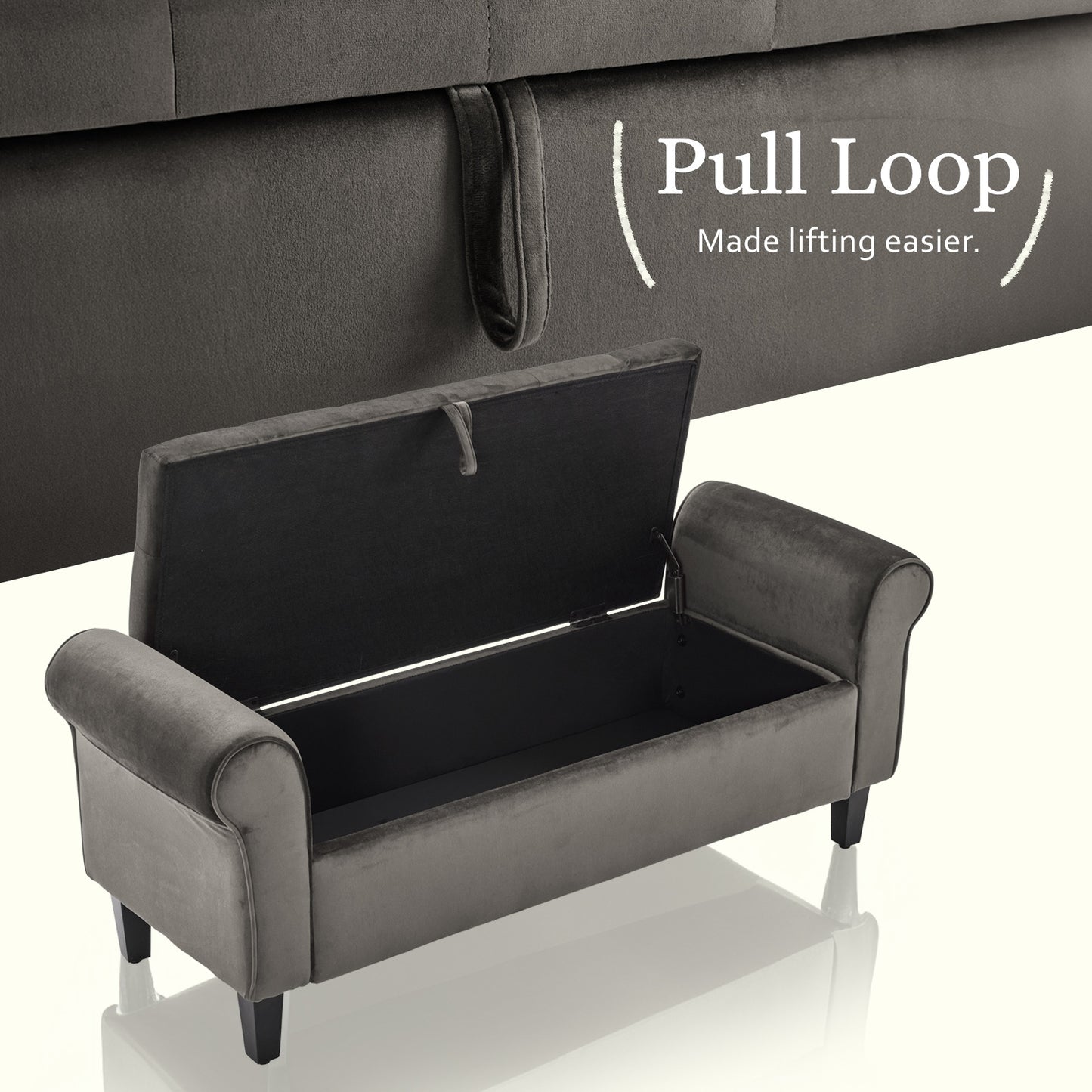 132cm Velvet Storage Ottoman Bench – Grey Upholstered Arm Stool with Hidden Compartment