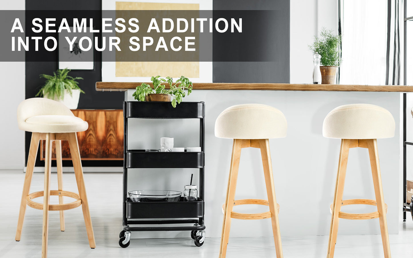 Braneit™ 2X Wood Bar Stool Dining Chair Fabric LEILA 72cm BEIGE