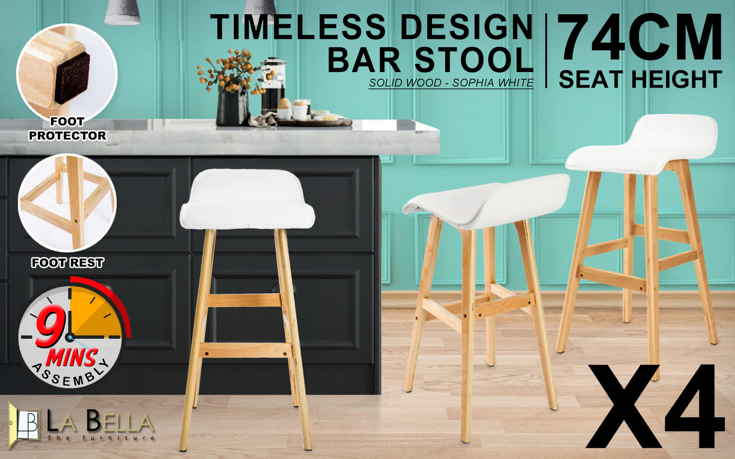Set of 4 SOPHIA 74cm Wooden Bar Stools – White Faux Leather Dining Chairs