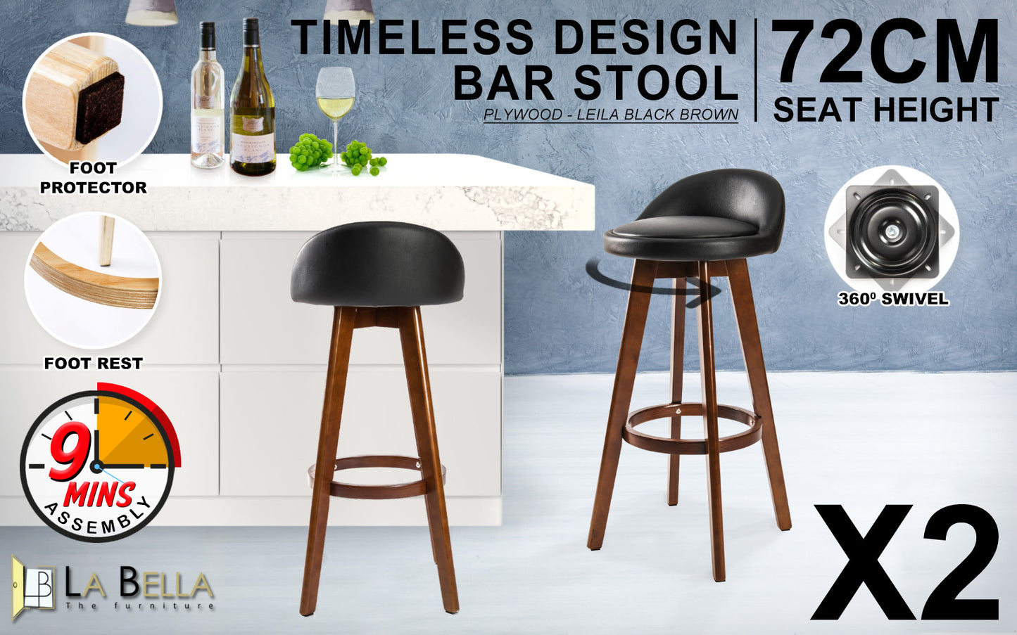 Braneit™ Set of 2 LEILA 72cm Wooden Bar Stools – Black Brown Leather Dining Chairs