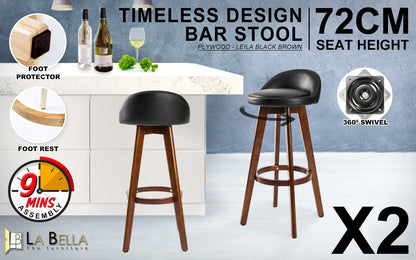 Braneit™ Set of 2 LEILA 72cm Wooden Bar Stools – Black Brown Leather Dining Chairs