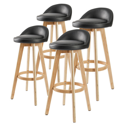Braneit™ Set of 4 LEILA 72cm Wooden Bar Stools – Black Faux Leather Dining Chairs
