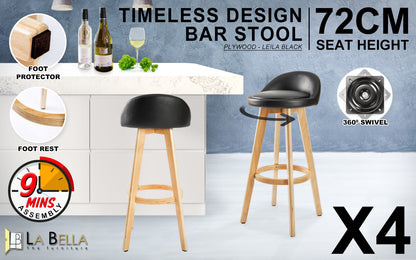 Braneit™ Set of 4 LEILA 72cm Wooden Bar Stools – Black Faux Leather Dining Chairs