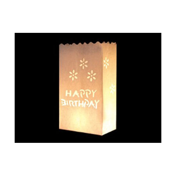 100 Pack White Happy Birthday Luminary Paper Candle Tea Light Lantern Bags Garden Anniversary Birthday Night Decorations Evening Party