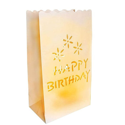 50 Pack White Happy Birthday Luminary Paper Candle Tea Light Lantern Bags Garden Anniversary Birthday Night Decorations Evening Party