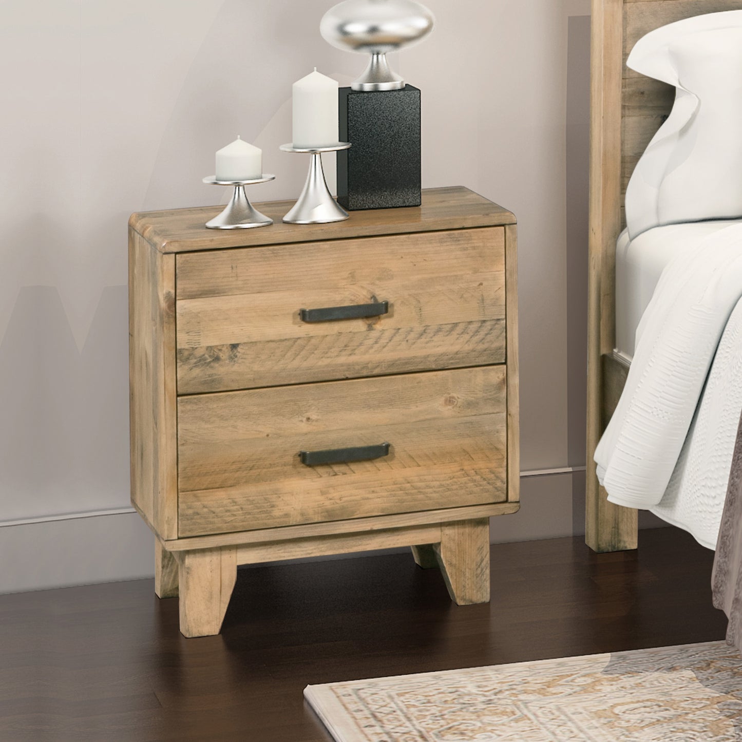 Braneit™ Solid Wood Bedside Table – 2-Drawer Nightstand in Light Brown Finish