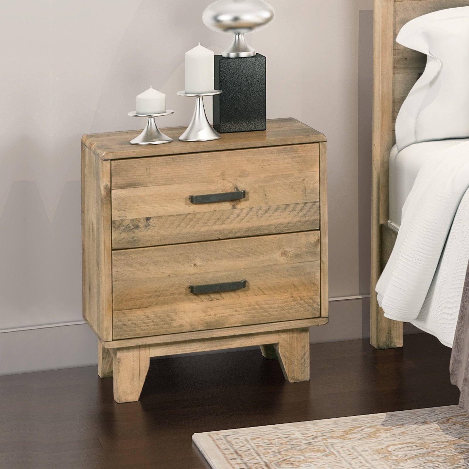 Braneit™ Solid Wood Bedside Table – 2-Drawer Nightstand in Light Brown Finish