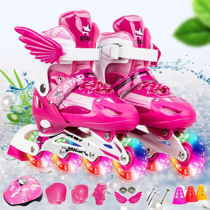 Adjustable Kids Roller Skates Set - Single Flash Wheels - Size s - Blue