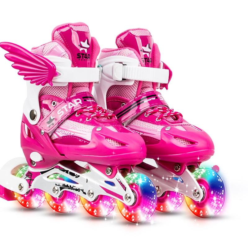 Adjustable Kids Roller Skates Set - Single Flash Wheels - Size s - Blue