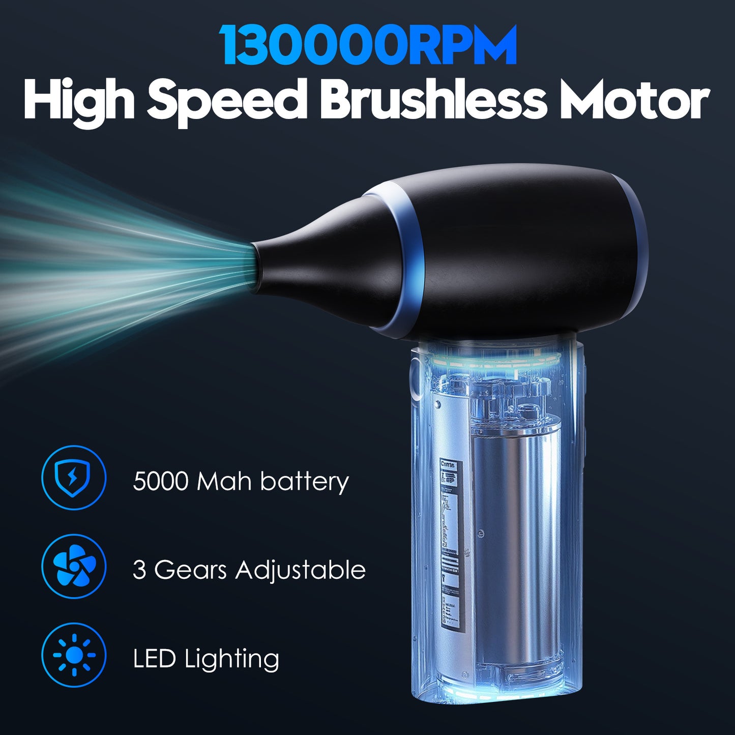Black Portable Turbo Handheld Blower Fan - 130000RPM High-Speed Mini Fan with 5000mAh Battery
