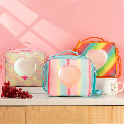Blue Sparkling Rainbow Heart Insulated Lunch Bag for Kids - Portable School Lunch Box with Shoulder Strap
