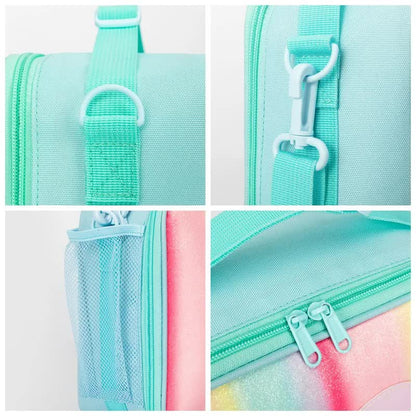 Pink Sparkling Rainbow Heart Insulated Lunch Bag for Kids - Portable School Lunch Box with Shoulder Strap