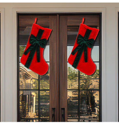 2 Pcs Red Stitching Green Bow Luxurious Velvet Christmas Stocking with Elegant Bow - Large 45cm Holiday Mantel Decoration