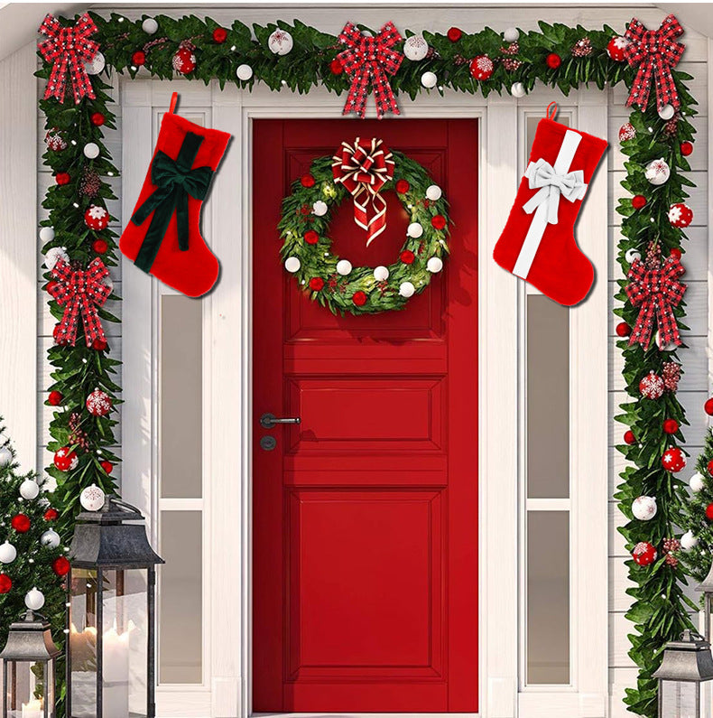 2 Pcs Red Stitching Red Bow Luxurious Velvet Christmas Stocking with Elegant Bow - Large 45cm Holiday Mantel Decoration