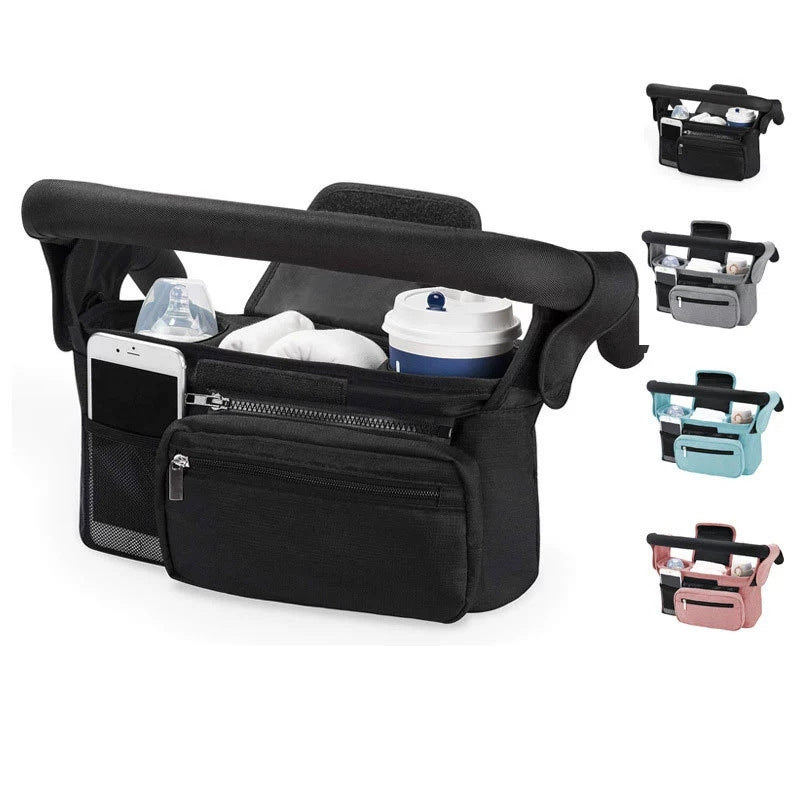 Grey Universal Stroller Organiser Caddy with Insulated Cup Holders and Detachable Wristlet