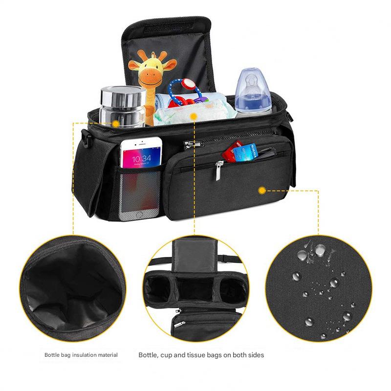 Grey Universal Stroller Organiser Caddy with Insulated Cup Holders and Detachable Wristlet
