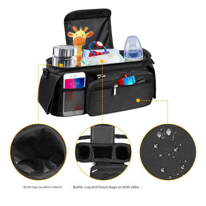 Grey Universal Stroller Organiser Caddy with Insulated Cup Holders and Detachable Wristlet