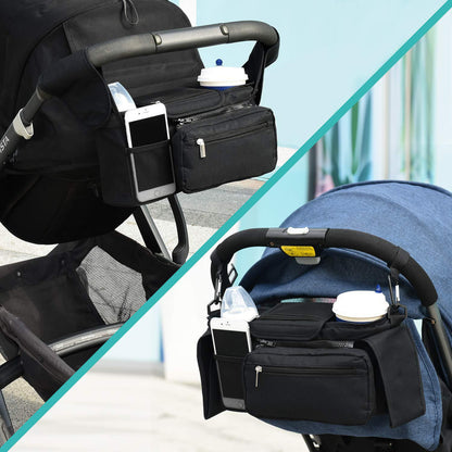 Grey Universal Stroller Organiser Caddy with Insulated Cup Holders and Detachable Wristlet