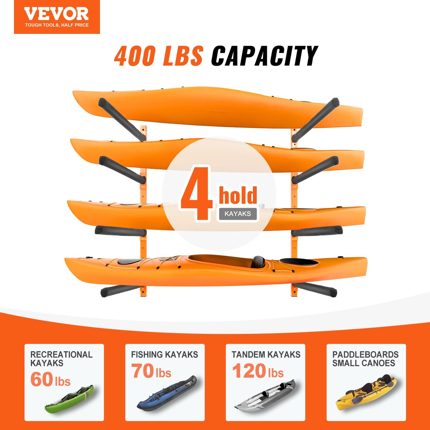 VEVOR Wall Kayak Storage Rack, 4-Capacity Wall Mounted Kayak Holders for Kayak Canoe Paddle Board, Kayak Storage Hooks with Adjustable Padded Arms, 181.6 KG Load Kayak Hanger for Indoor Outdoor Garage